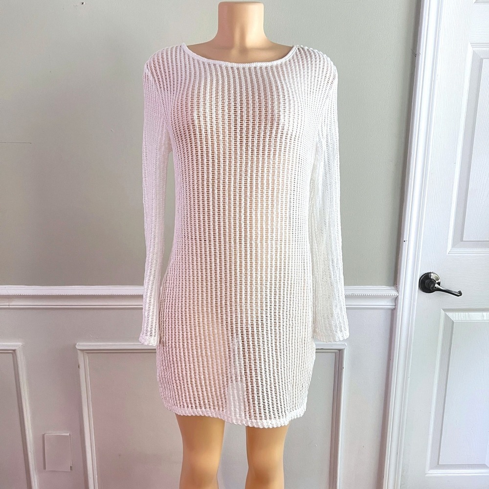 Blooming Jelly Swim‎ Cover Up Womens Medium Crochet Mesh Long Sleeve White Beach